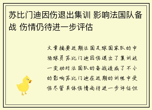 苏比门迪因伤退出集训 影响法国队备战 伤情仍待进一步评估