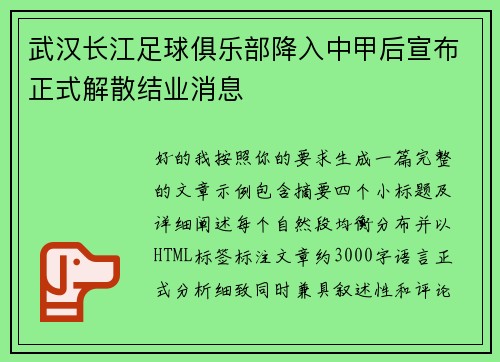 武汉长江足球俱乐部降入中甲后宣布正式解散结业消息